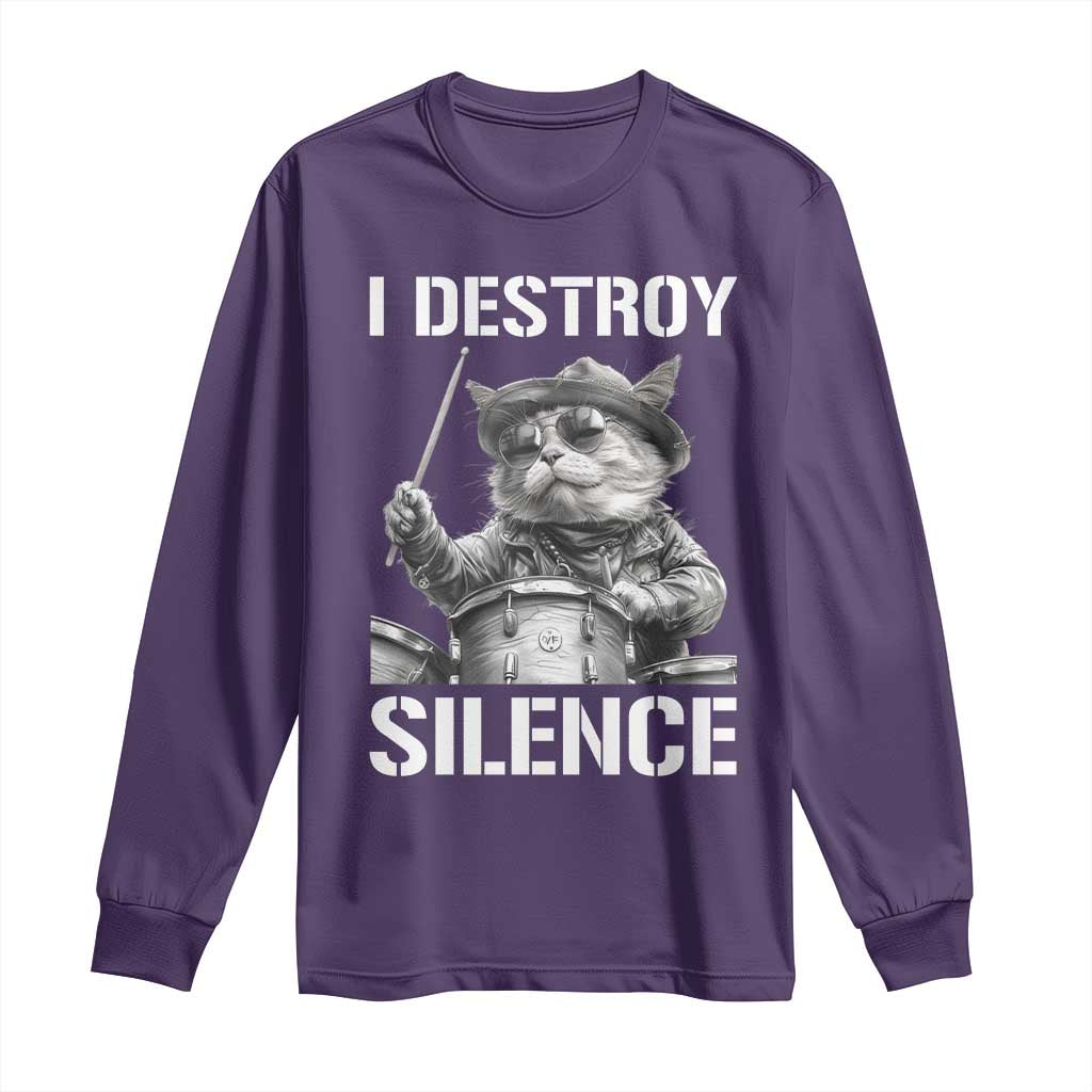 Funny Cat Rock Band Drummer Long Sleeve Shirt I Destroy Silence TS14 Purple Print Your Wear