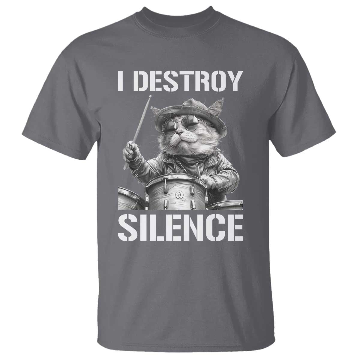 Funny Cat Rock Band Drummer T Shirt I Destroy Silence TS14 Charcoal Print Your Wear