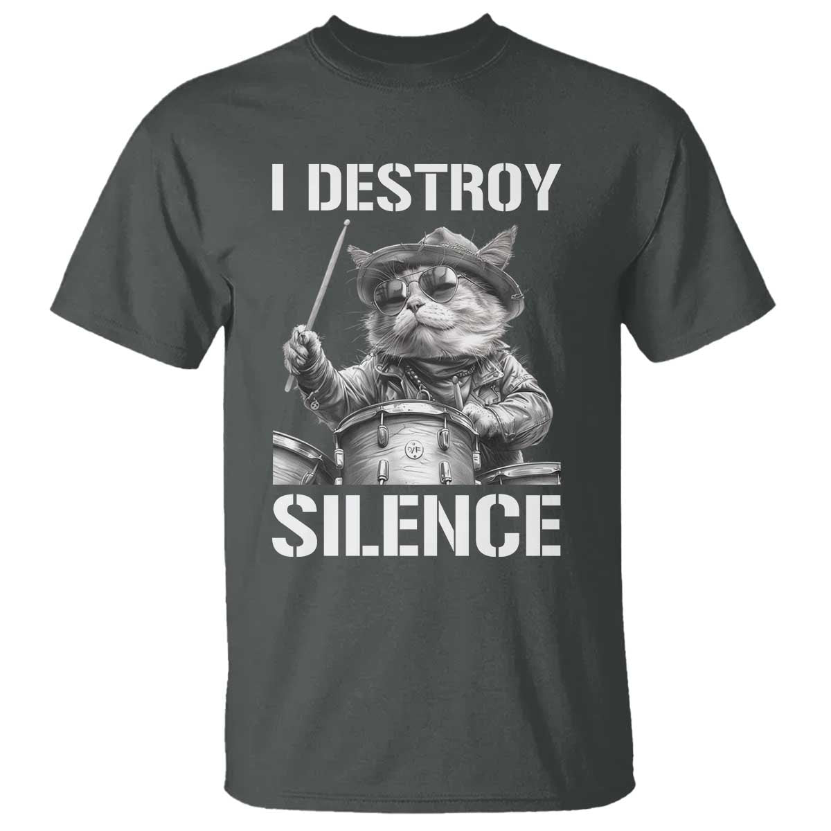 Funny Cat Rock Band Drummer T Shirt I Destroy Silence TS14 Dark Heather Print Your Wear