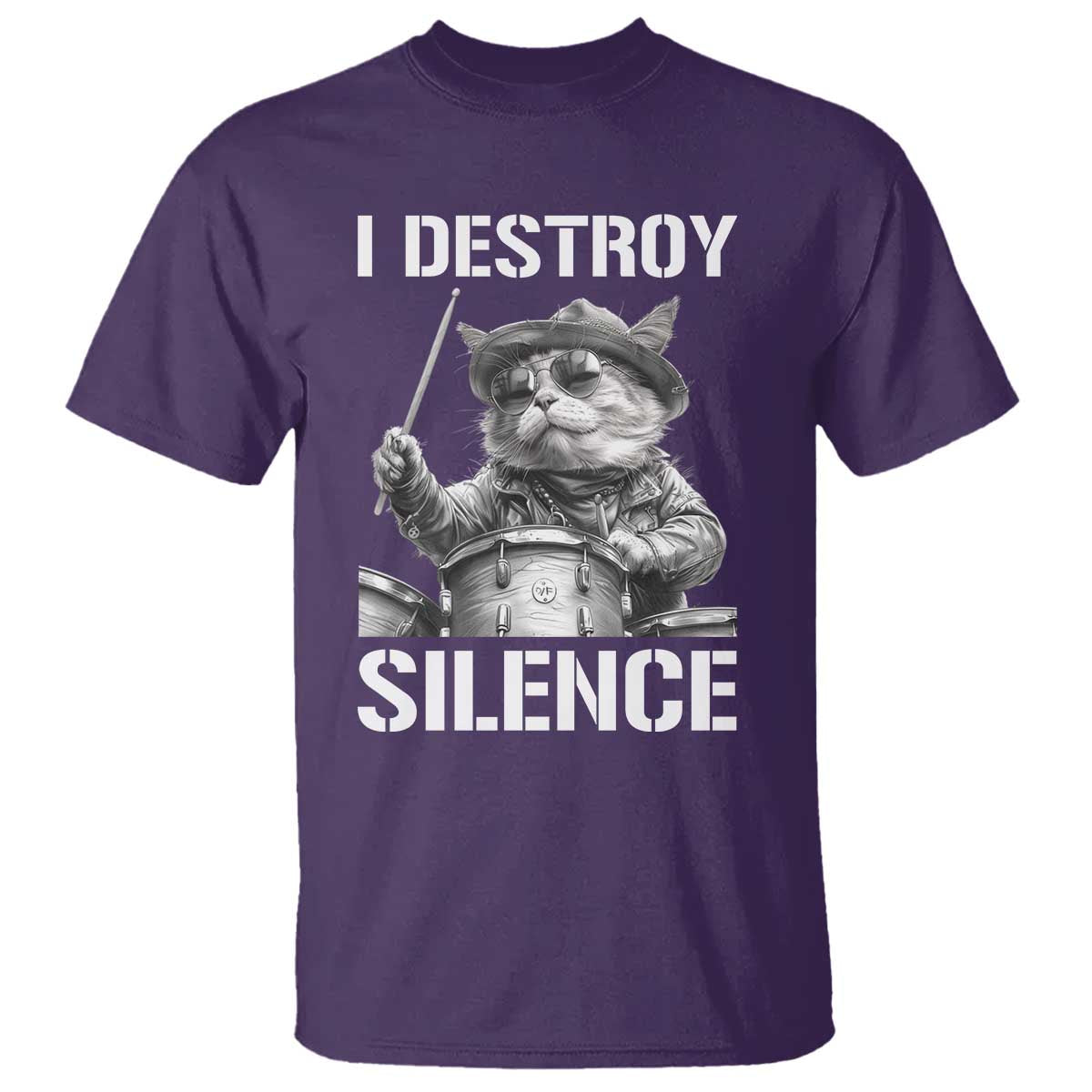 Funny Cat Rock Band Drummer T Shirt I Destroy Silence TS14 Purple Print Your Wear