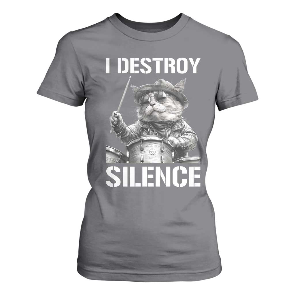 Funny Cat Rock Band Drummer T Shirt For Women I Destroy Silence TS14 Charcoal Print Your Wear