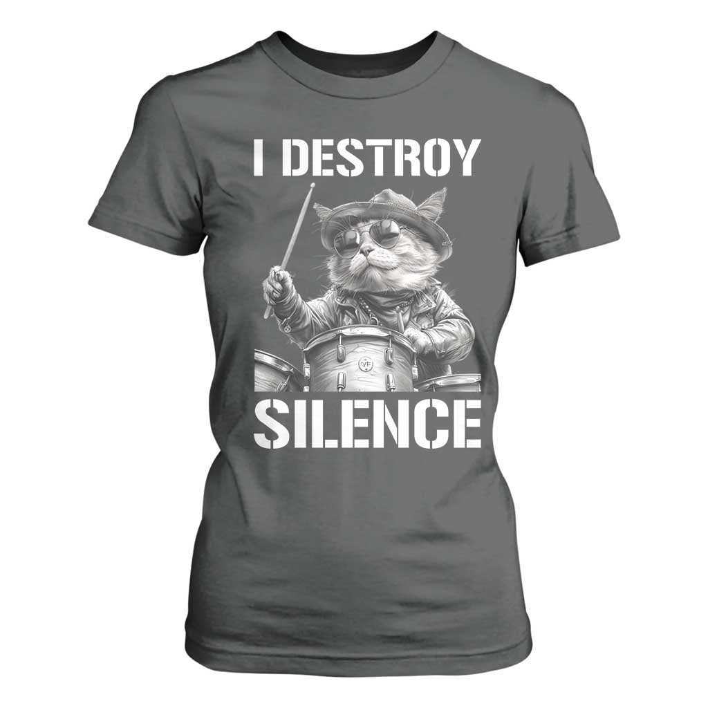 Funny Cat Rock Band Drummer T Shirt For Women I Destroy Silence TS14 Dark Heather Print Your Wear