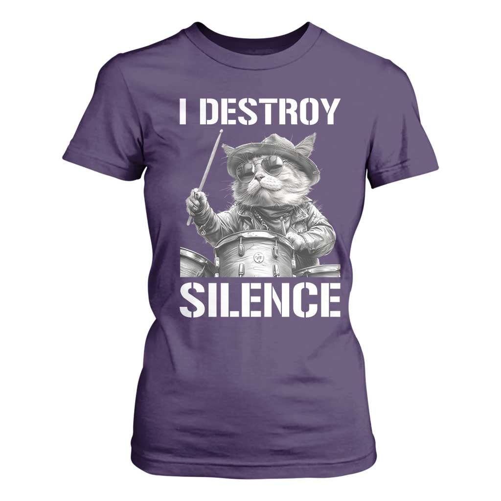 Funny Cat Rock Band Drummer T Shirt For Women I Destroy Silence TS14 Purple Print Your Wear