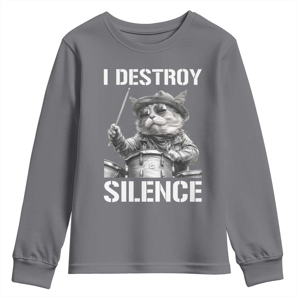 Funny Cat Rock Band Drummer Youth Sweatshirt I Destroy Silence TS14 Charcoal Print Your Wear