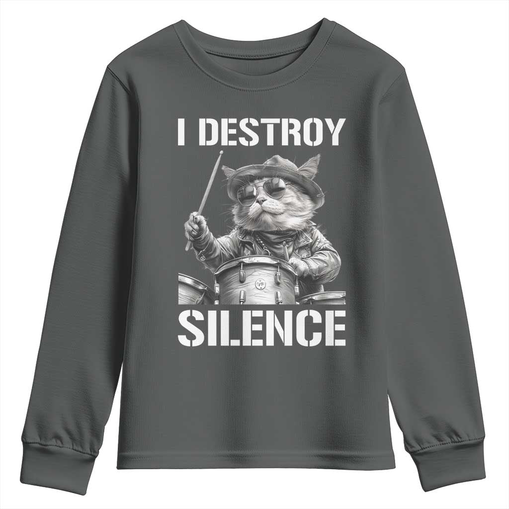 Funny Cat Rock Band Drummer Youth Sweatshirt I Destroy Silence TS14 Dark Heather Print Your Wear
