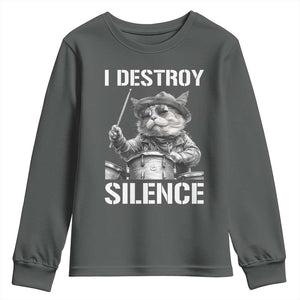 Funny Cat Rock Band Drummer Youth Sweatshirt I Destroy Silence TS14 Dark Heather Print Your Wear