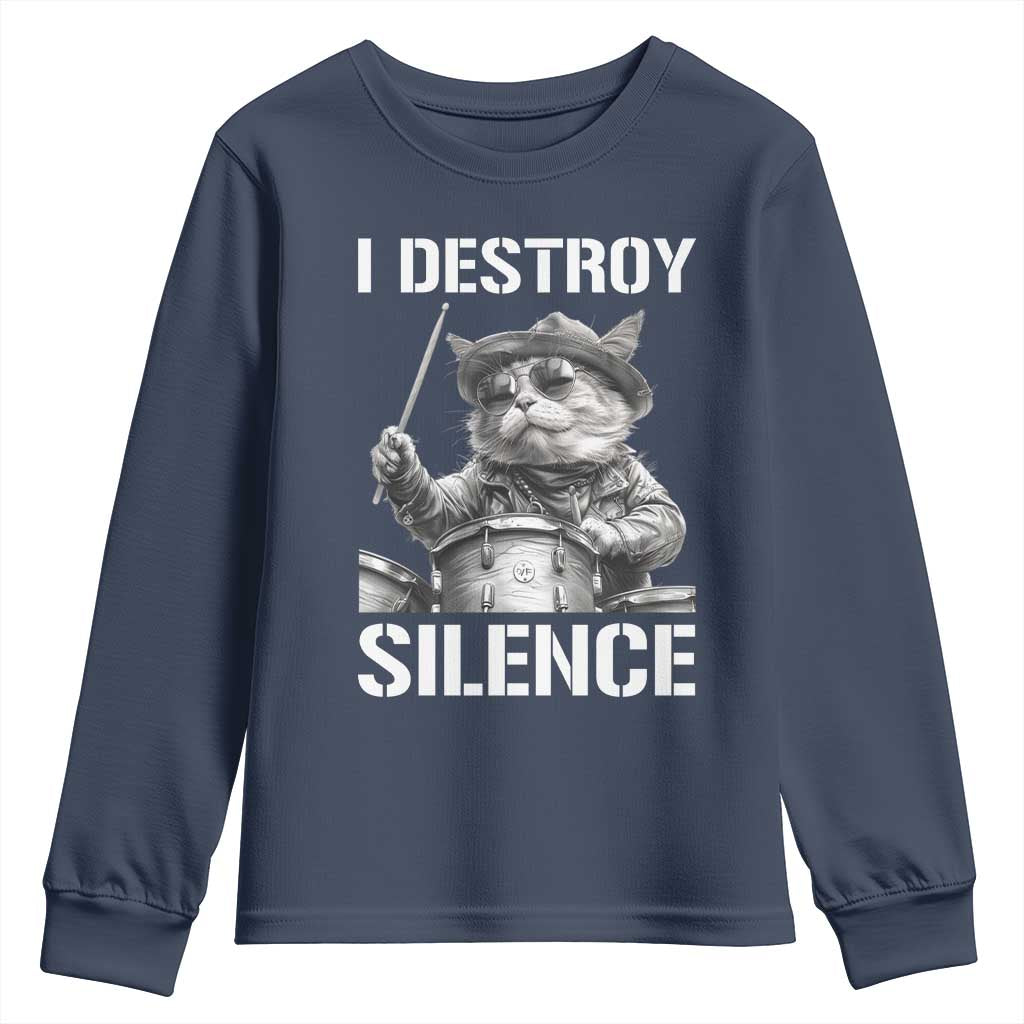 Funny Cat Rock Band Drummer Youth Sweatshirt I Destroy Silence TS14 Navy Print Your Wear