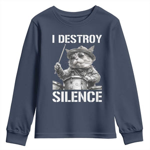 Funny Cat Rock Band Drummer Youth Sweatshirt I Destroy Silence TS14 Navy Print Your Wear