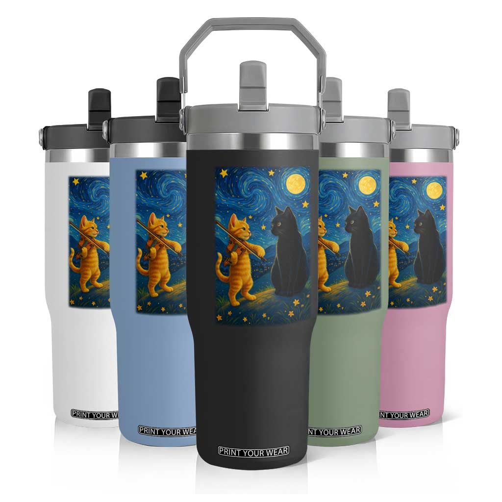 Cat Starry Night Flip Straw Tumbler Van Gogh Violin Kitty Lover TS14 Print Your Wear
