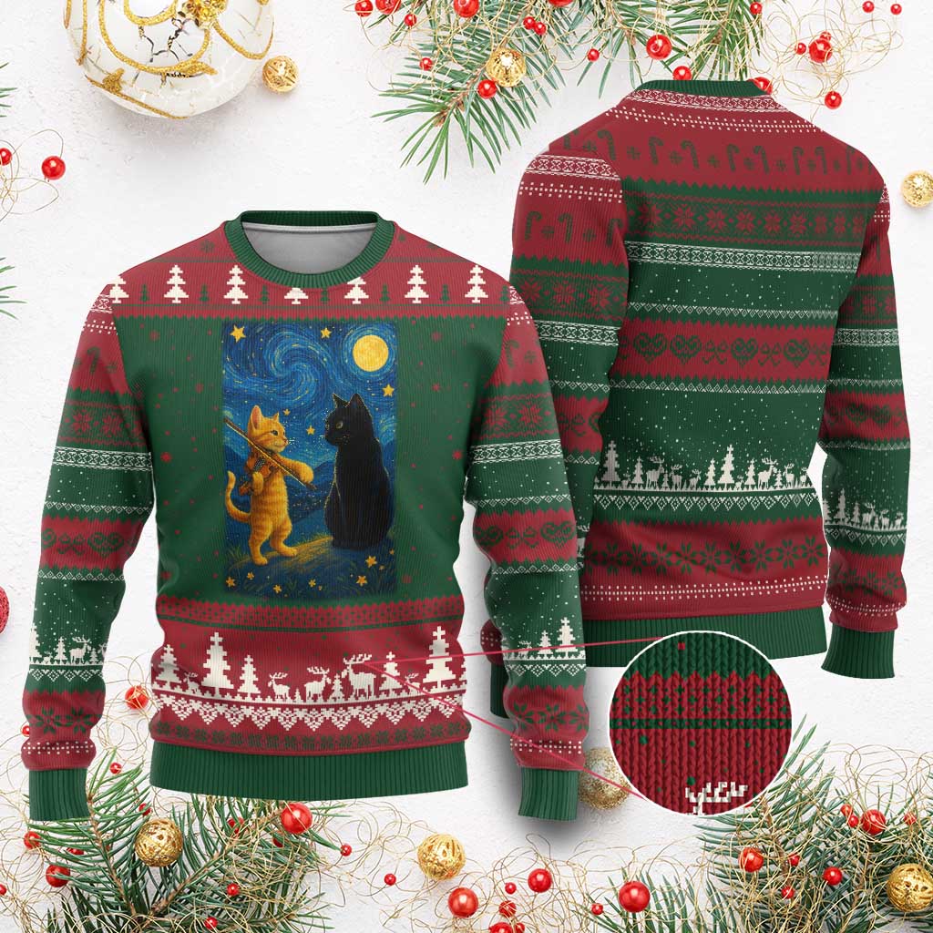 Cat Starry Night Ugly Christmas Sweater Van Gogh Violin Kitty Lover TS14 Red Green Print Your Wear