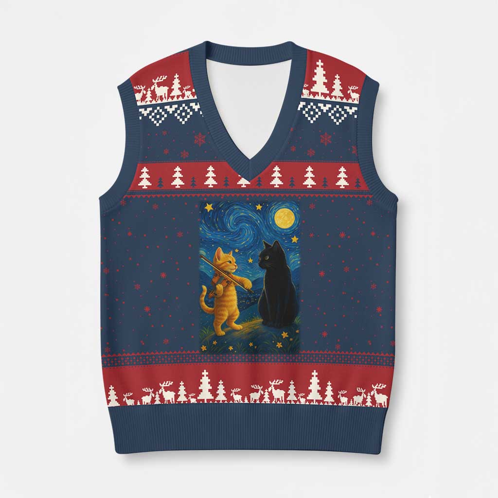 Cat Starry Night V-Neck Knit Sweater Vest Van Gogh Violin Kitty Lover TS14 Navy Red Print Your Wear