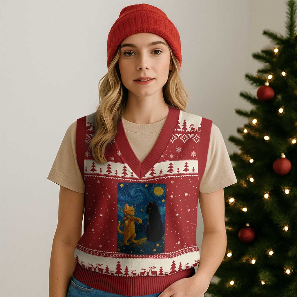 Cat Starry Night V-Neck Knit Sweater Vest Van Gogh Violin Kitty Lover TS14 Red Beige Print Your Wear