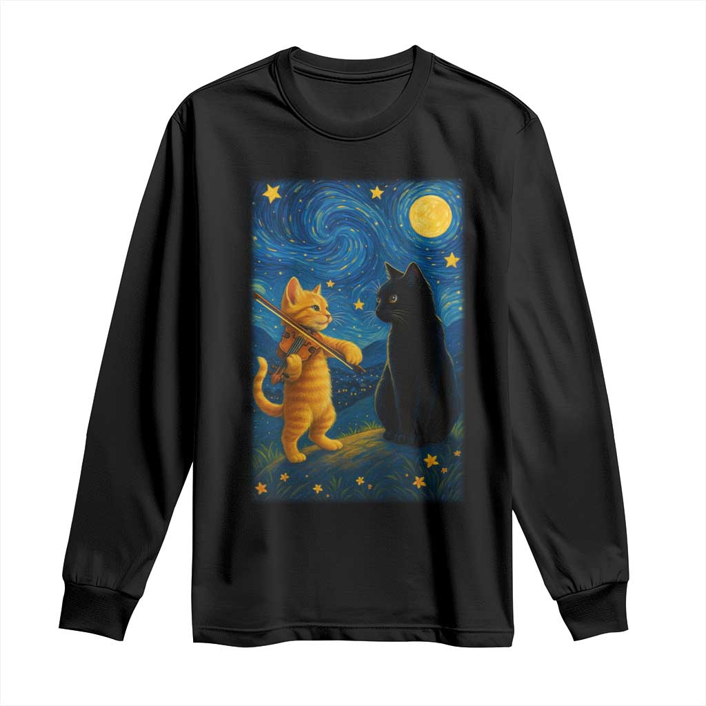 Cat Starry Night Long Sleeve Shirt Van Gogh Violin Kitty Lover TS14 Black Print Your Wear