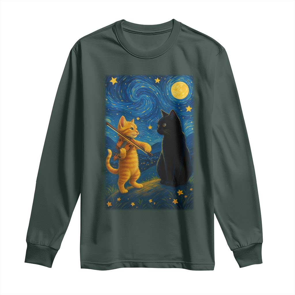 Cat Starry Night Long Sleeve Shirt Van Gogh Violin Kitty Lover TS14 Dark Forest Green Print Your Wear