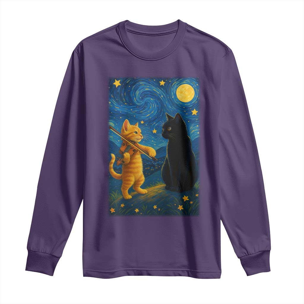 Cat Starry Night Long Sleeve Shirt Van Gogh Violin Kitty Lover TS14 Purple Print Your Wear
