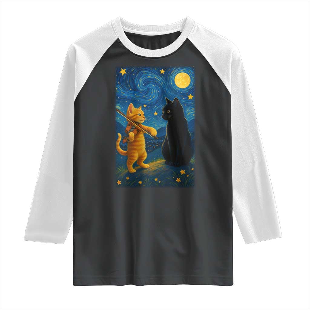 Cat Starry Night Raglan Shirt Van Gogh Violin Kitty Lover TS14 Black White Print Your Wear