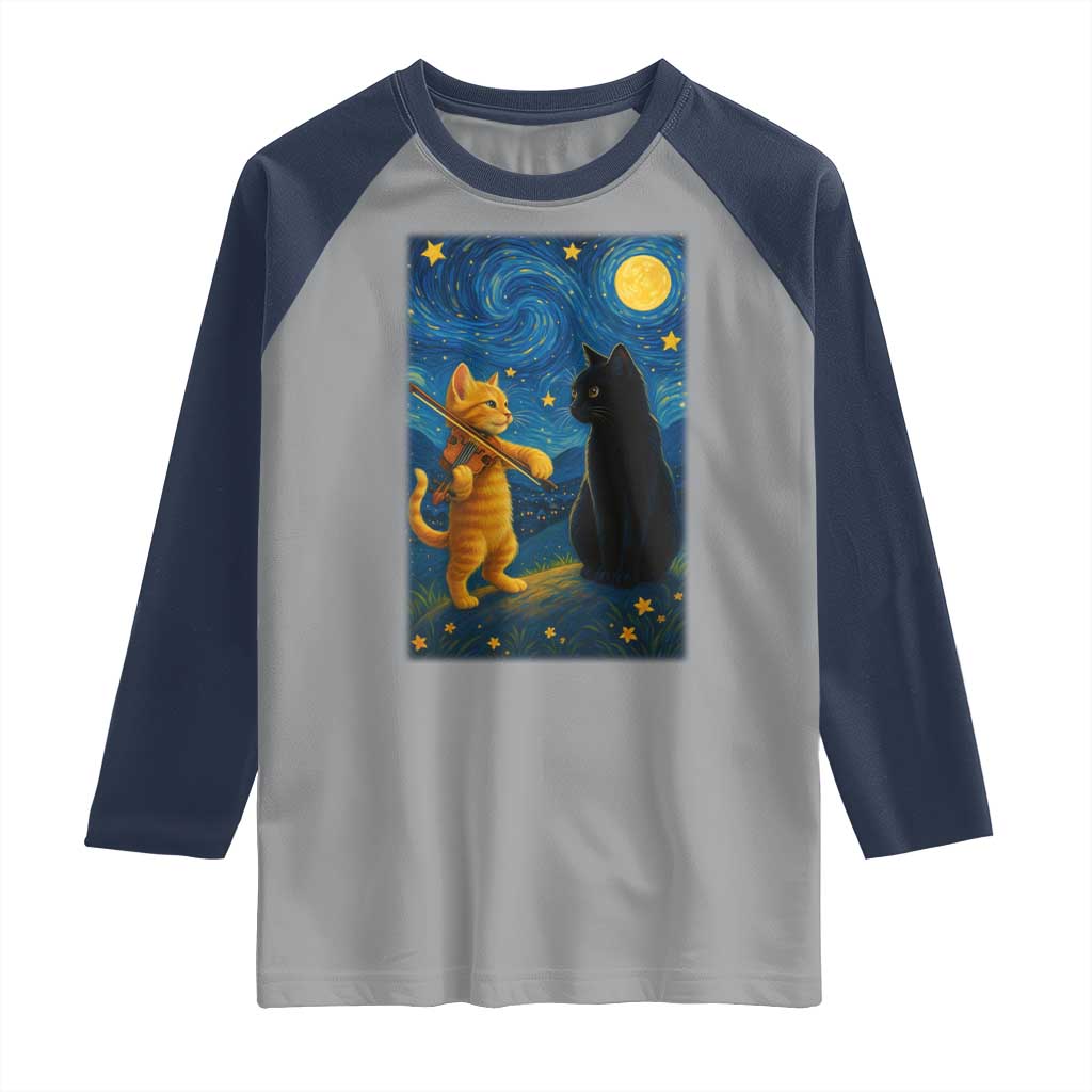 Cat Starry Night Raglan Shirt Van Gogh Violin Kitty Lover TS14 Sport Gray Navy Print Your Wear