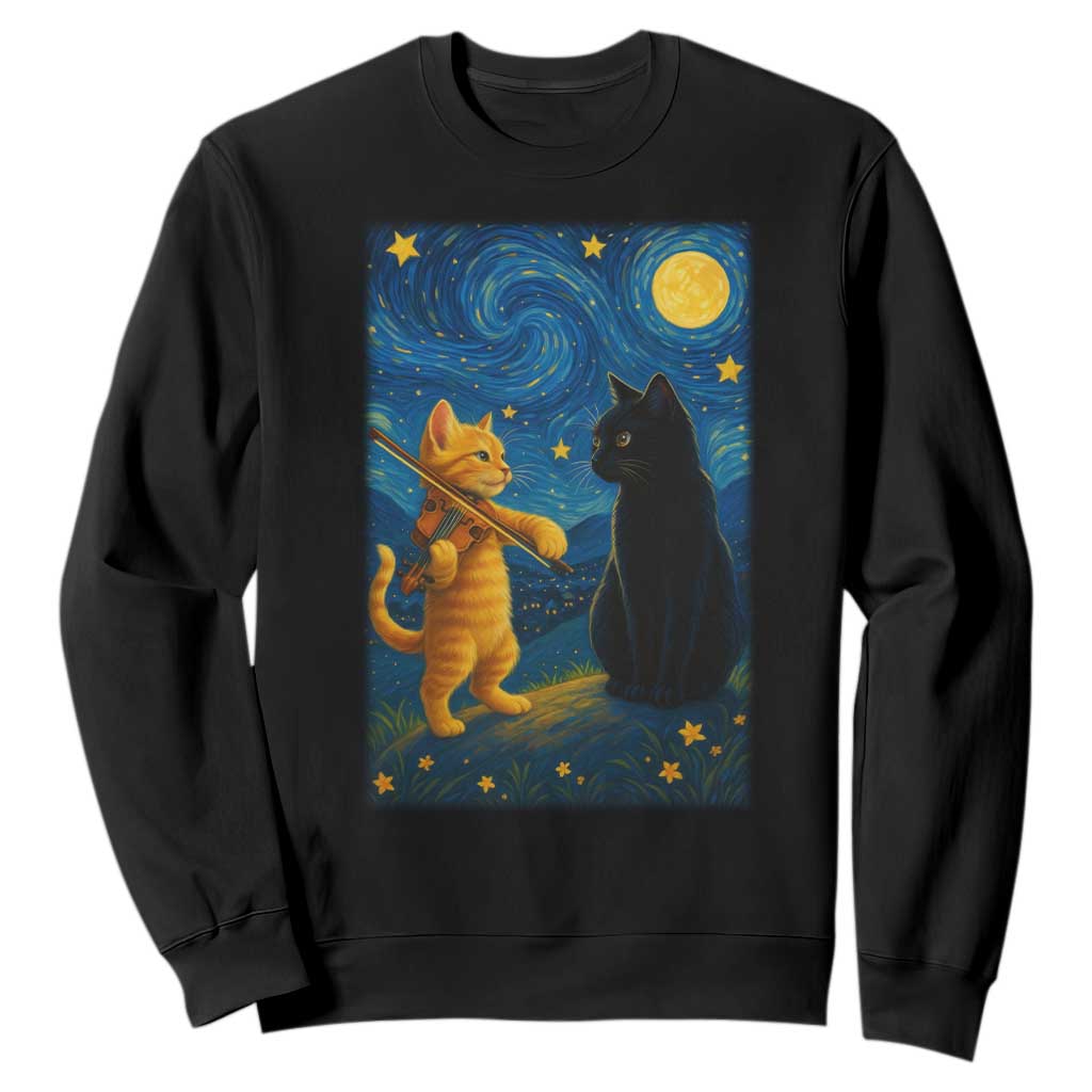 Cat Starry Night Sweatshirt Van Gogh Violin Kitty Lover TS14 Black Print Your Wear