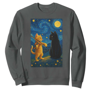 Cat Starry Night Sweatshirt Van Gogh Violin Kitty Lover TS14 Dark Heather Print Your Wear