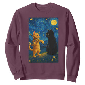 Cat Starry Night Sweatshirt Van Gogh Violin Kitty Lover TS14 Maroon Print Your Wear