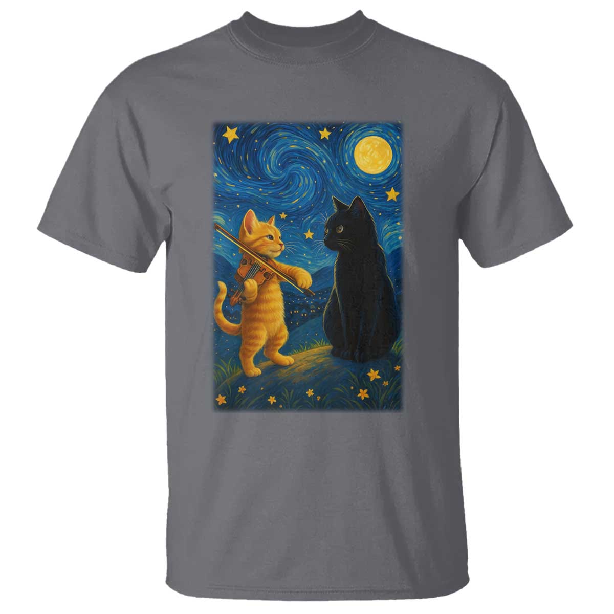 Cat Starry Night T Shirt Van Gogh Violin Kitty Lover TS14 Charcoal Print Your Wear