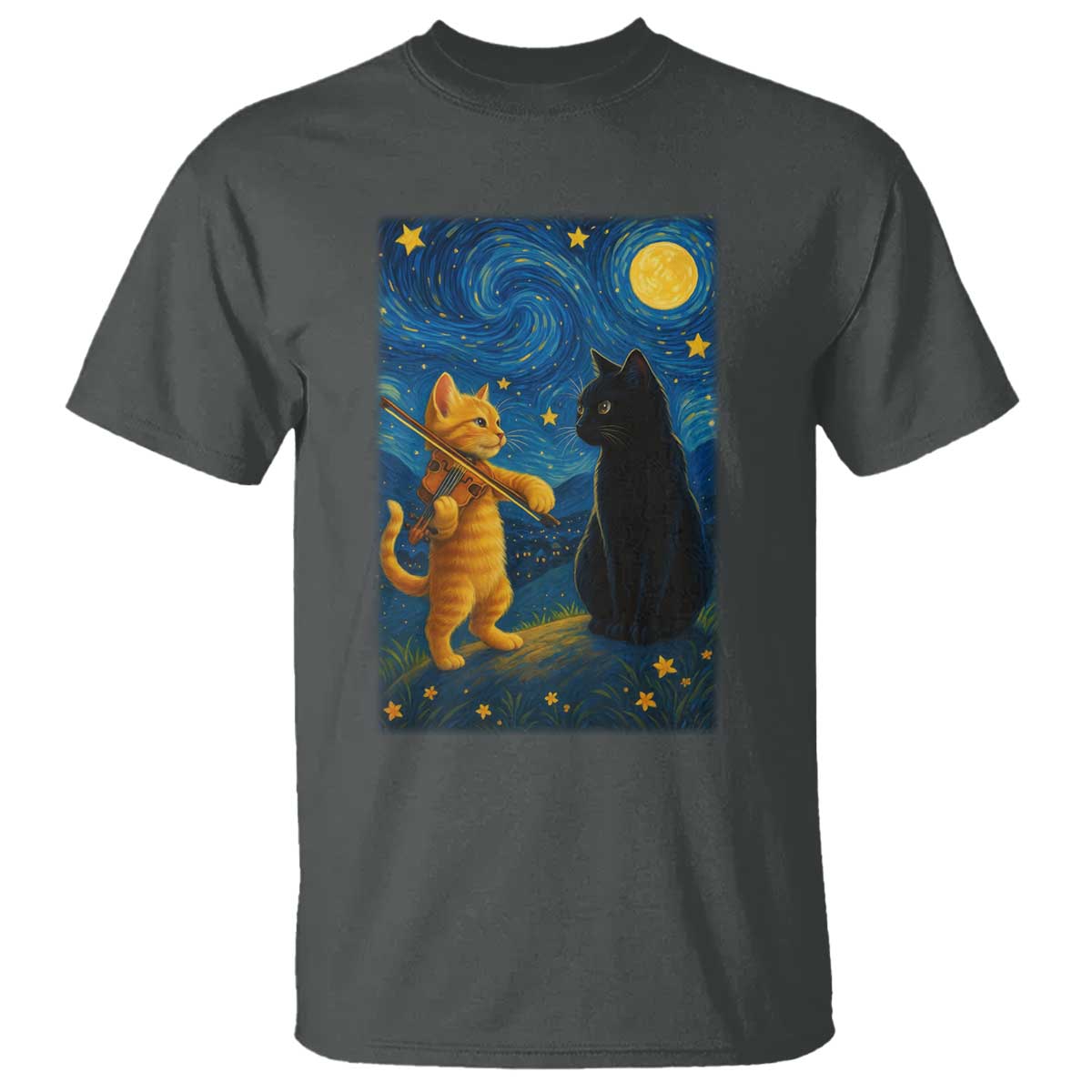 Cat Starry Night T Shirt Van Gogh Violin Kitty Lover TS14 Dark Heather Print Your Wear