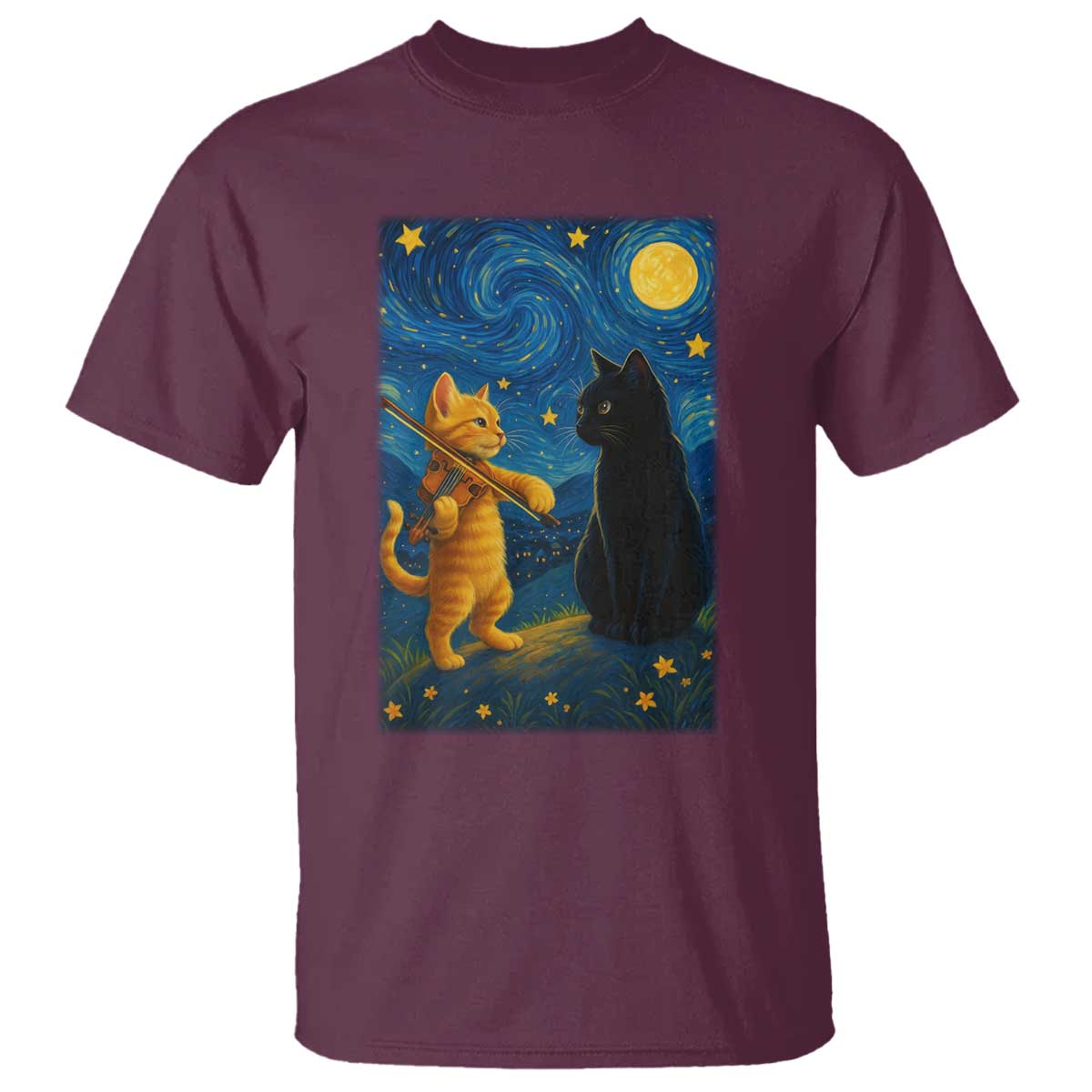 Cat Starry Night T Shirt Van Gogh Violin Kitty Lover TS14 Maroon Print Your Wear