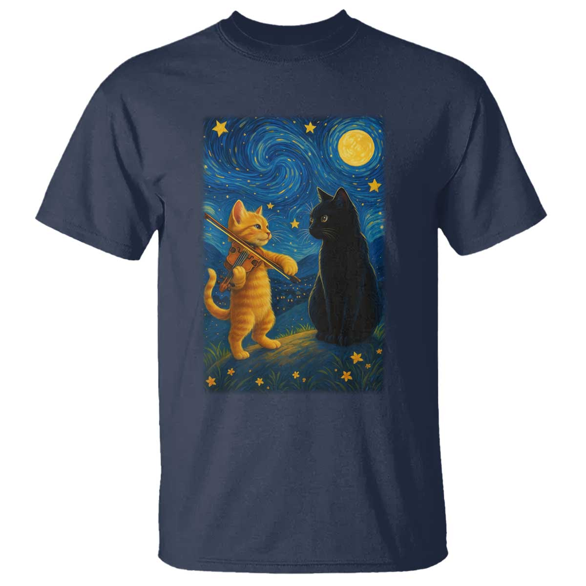 Cat Starry Night T Shirt Van Gogh Violin Kitty Lover TS14 Navy Print Your Wear