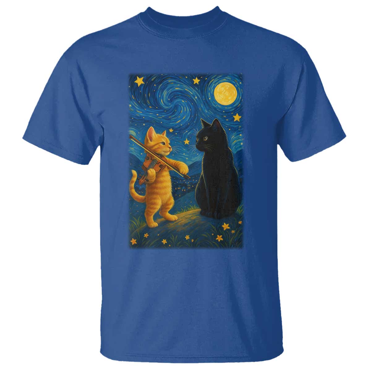 Cat Starry Night T Shirt Van Gogh Violin Kitty Lover TS14 Royal Blue Print Your Wear