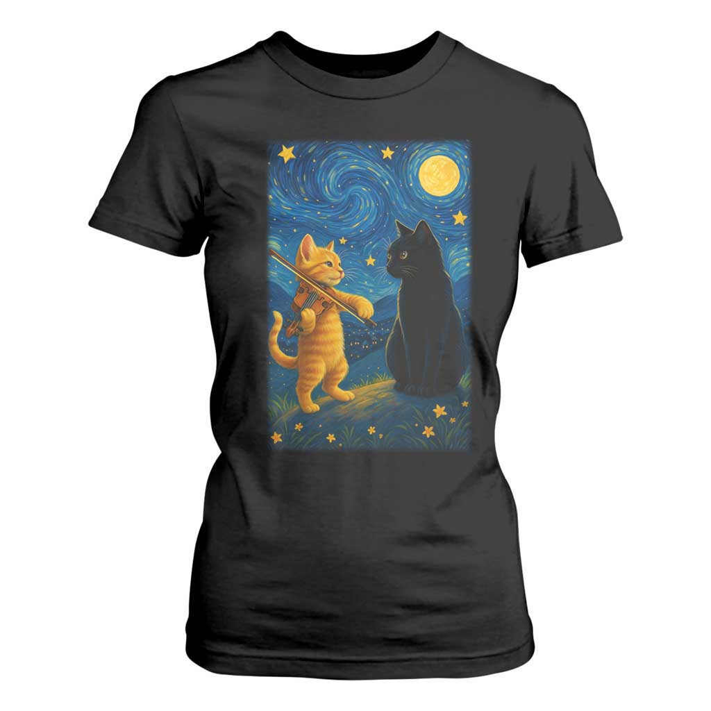 Cat Starry Night T Shirt For Women Van Gogh Violin Kitty Lover TS14 Black Print Your Wear