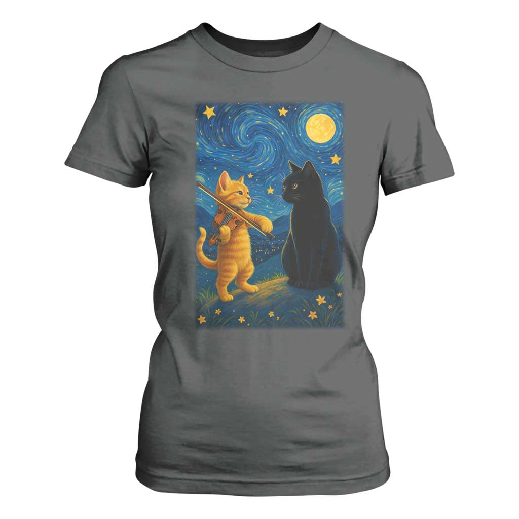 Cat Starry Night T Shirt For Women Van Gogh Violin Kitty Lover TS14 Dark Heather Print Your Wear