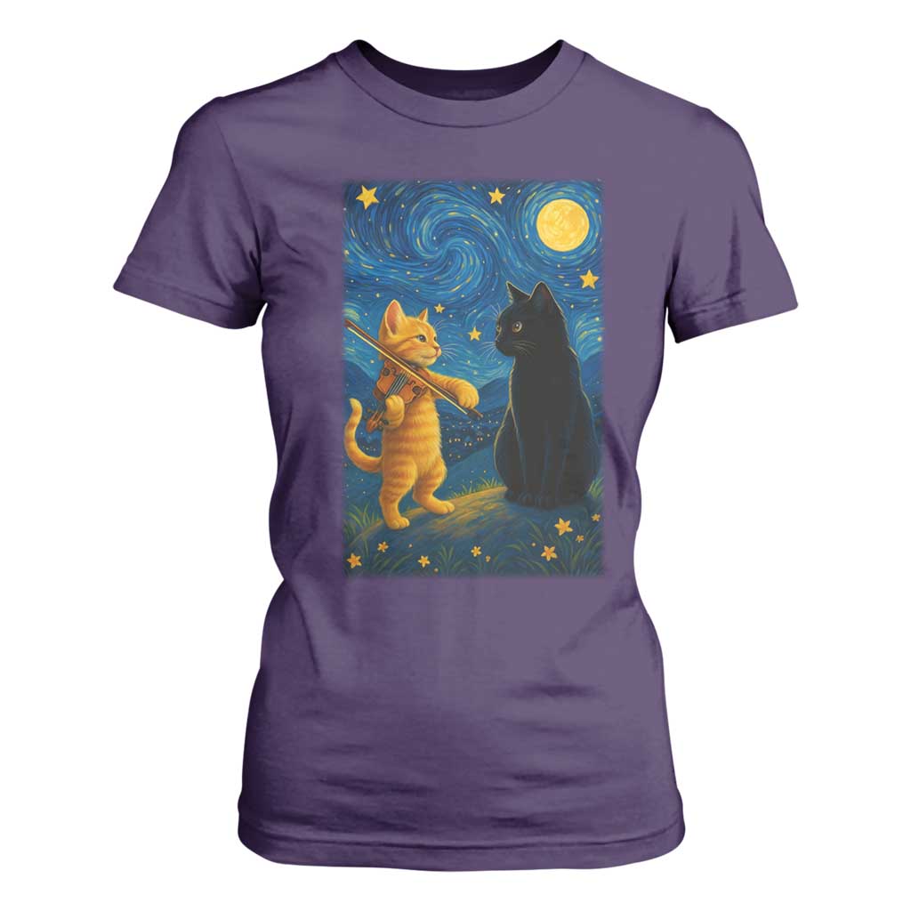 Cat Starry Night T Shirt For Women Van Gogh Violin Kitty Lover TS14 Purple Print Your Wear