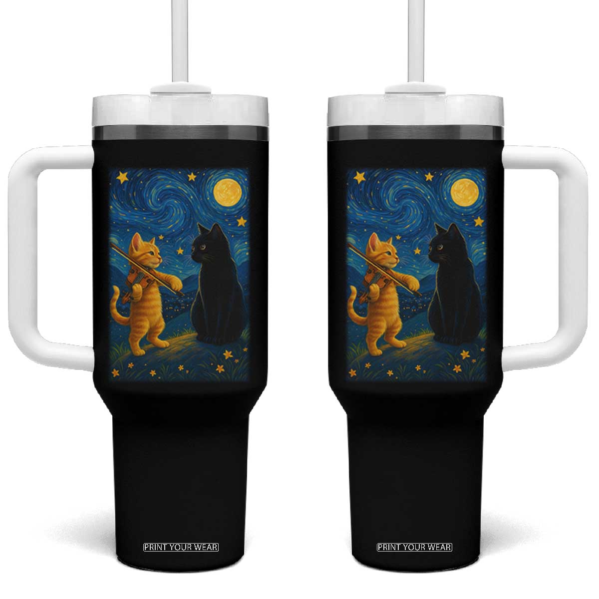 Cat Starry Night Tumbler With Handle Van Gogh Violin Kitty Lover TS14 One Size: 40 oz Black Print Your Wear