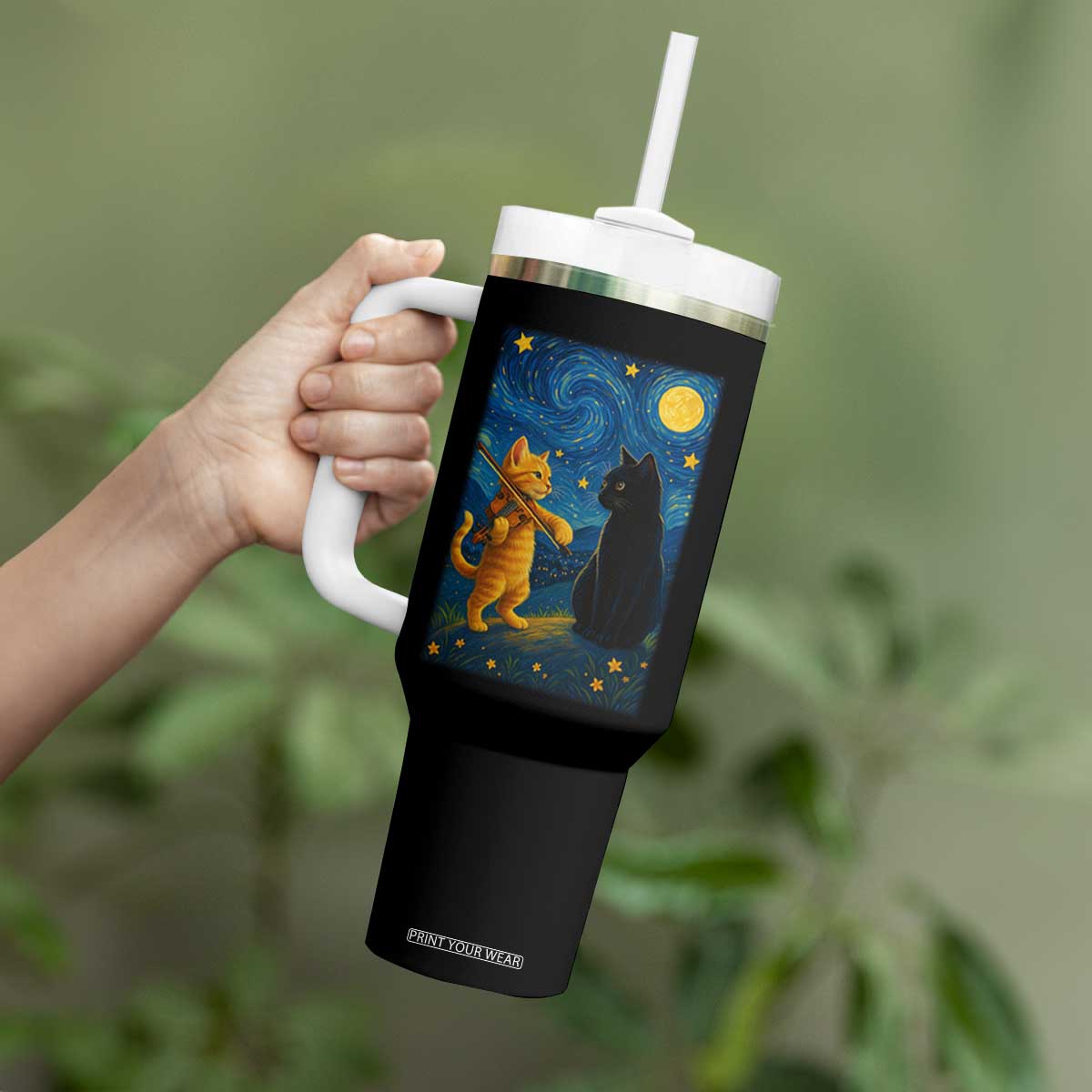 Cat Starry Night Tumbler With Handle Van Gogh Violin Kitty Lover TS14 Print Your Wear
