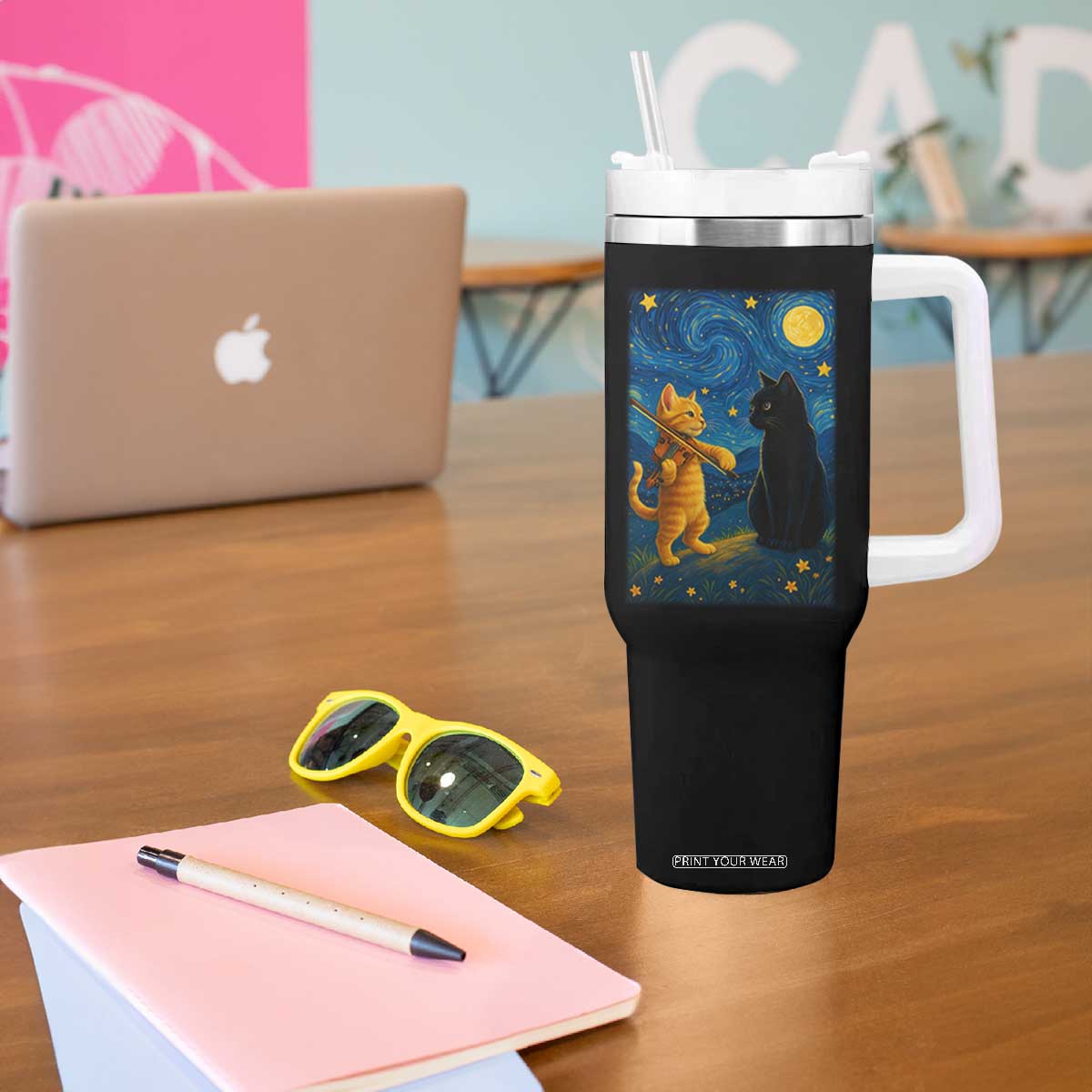 Cat Starry Night Tumbler With Handle Van Gogh Violin Kitty Lover TS14 Print Your Wear