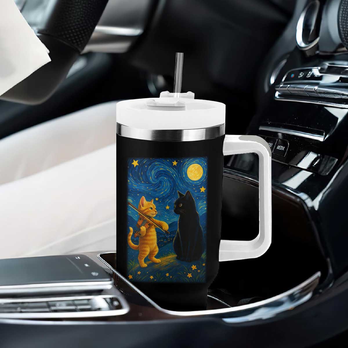 Cat Starry Night Tumbler With Handle Van Gogh Violin Kitty Lover TS14 Print Your Wear