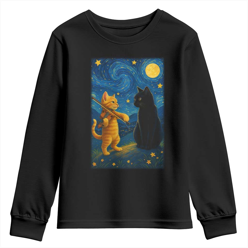 Cat Starry Night Youth Sweatshirt Van Gogh Violin Kitty Lover TS14 Black Print Your Wear