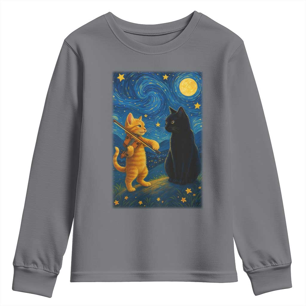 Cat Starry Night Youth Sweatshirt Van Gogh Violin Kitty Lover TS14 Charcoal Print Your Wear