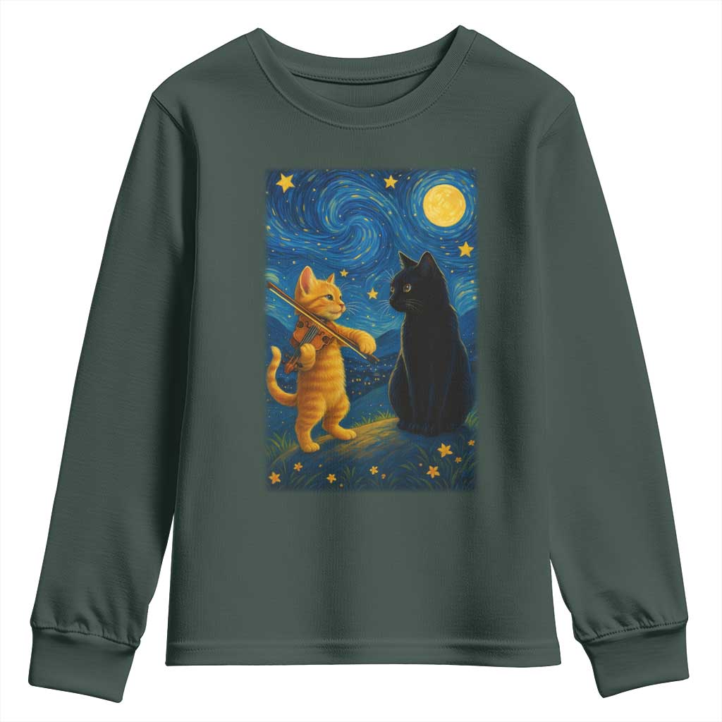 Cat Starry Night Youth Sweatshirt Van Gogh Violin Kitty Lover TS14 Dark Forest Green Print Your Wear