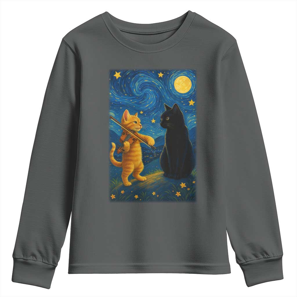Cat Starry Night Youth Sweatshirt Van Gogh Violin Kitty Lover TS14 Dark Heather Print Your Wear