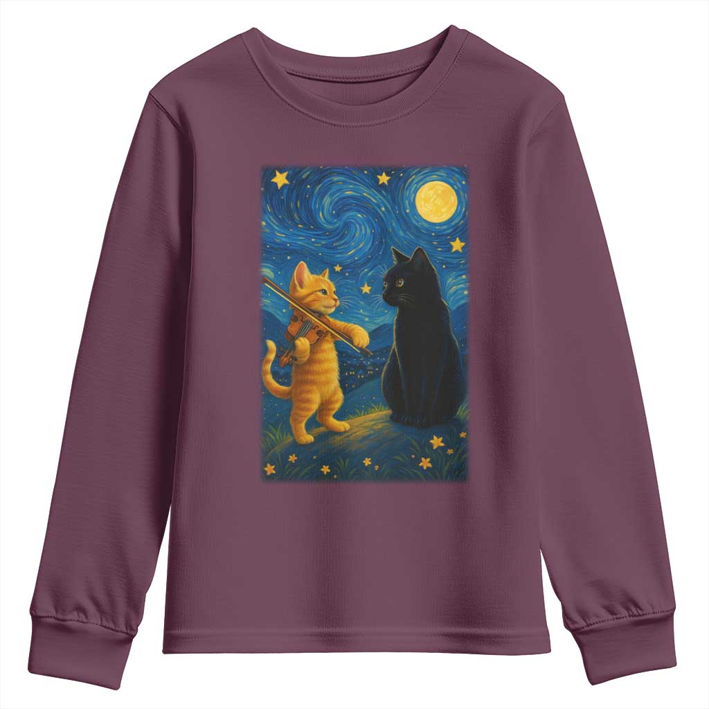 Cat Starry Night Youth Sweatshirt Van Gogh Violin Kitty Lover TS14 Maroon Print Your Wear