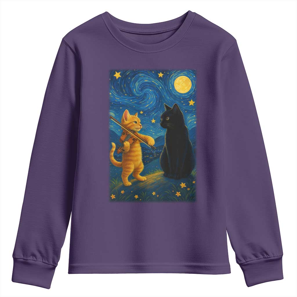 Cat Starry Night Youth Sweatshirt Van Gogh Violin Kitty Lover TS14 Purple Print Your Wear