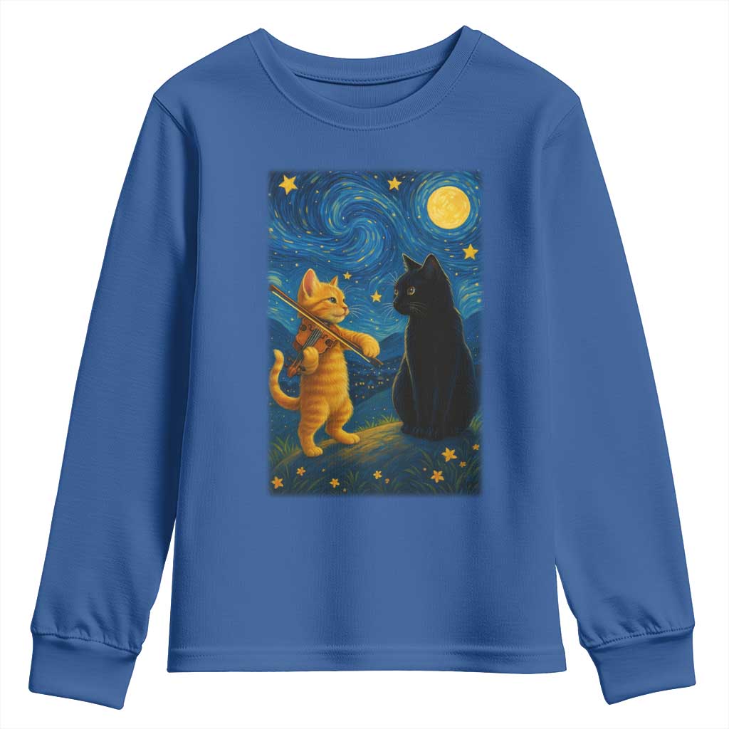 Cat Starry Night Youth Sweatshirt Van Gogh Violin Kitty Lover TS14 Royal Blue Print Your Wear