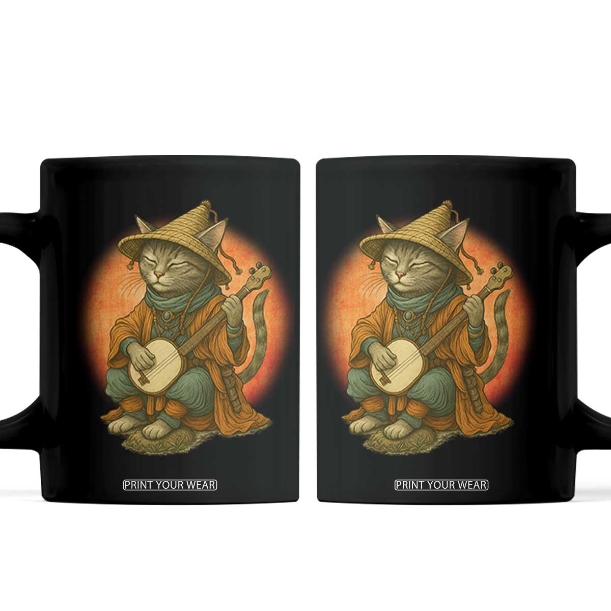 Japanese Samurai Cat Coffee Mug Retro Cat Playing Shamisen Art TS14 Black Print Your Wear