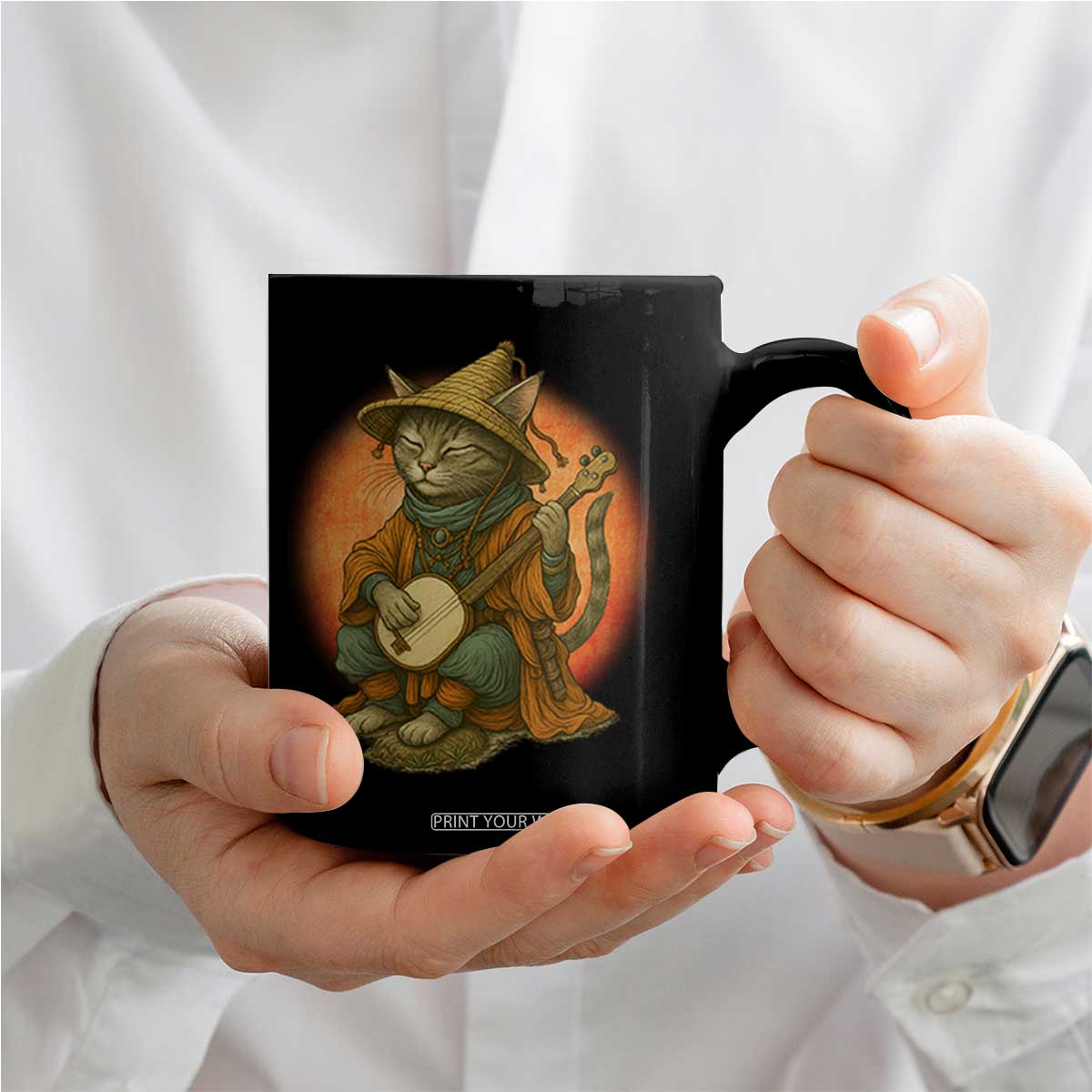 Japanese Samurai Cat Coffee Mug Retro Cat Playing Shamisen Art TS14 Print Your Wear
