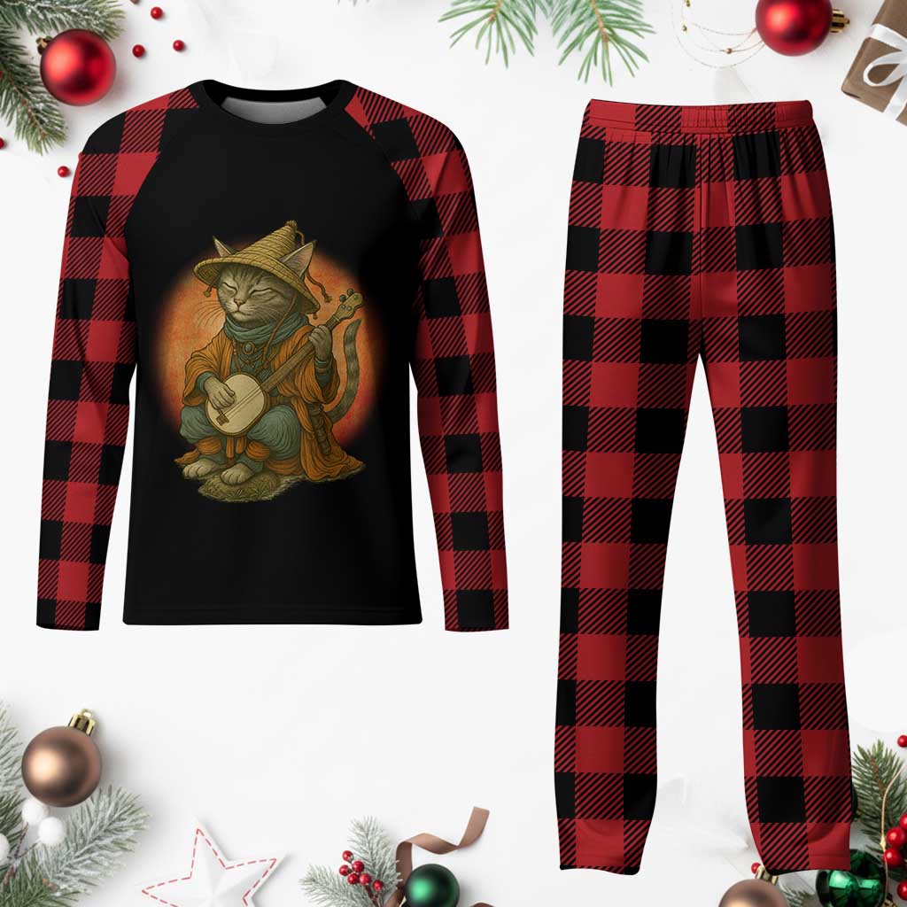 Japanese Samurai Cat Plaid Pajama Set Retro Cat Playing Shamisen Art TS14 Buffalo Plaid Print Your Wear