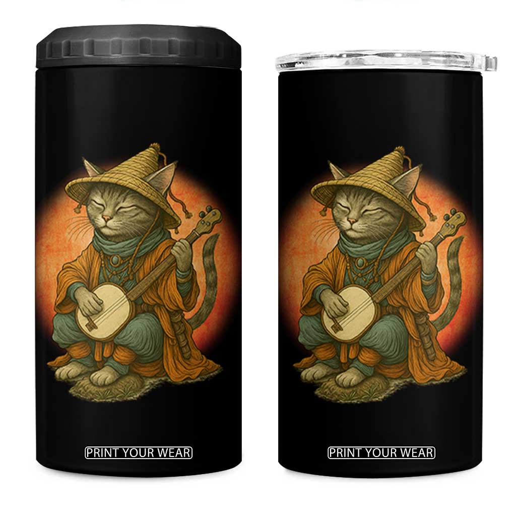 Japanese Samurai Cat 4 in 1 Can Cooler Tumbler Retro Cat Playing Shamisen Art TS14 One Size: 16 oz Black Print Your Wear