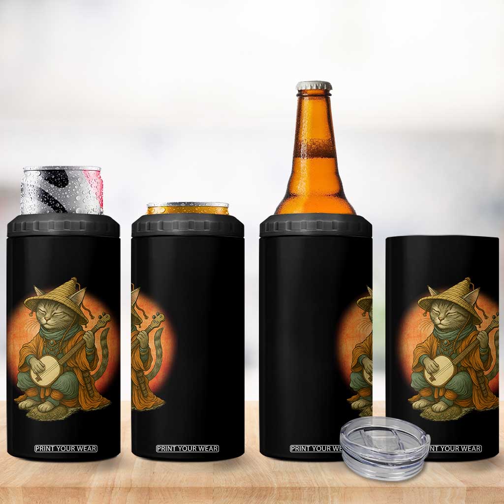 Japanese Samurai Cat 4 in 1 Can Cooler Tumbler Retro Cat Playing Shamisen Art TS14 Print Your Wear