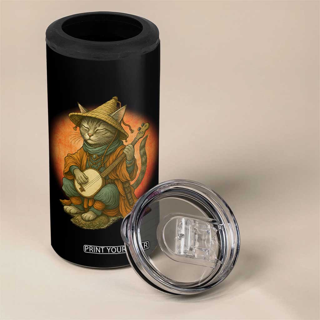 Japanese Samurai Cat 4 in 1 Can Cooler Tumbler Retro Cat Playing Shamisen Art TS14 Print Your Wear