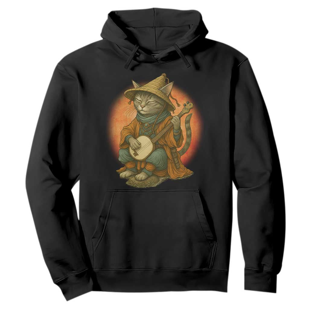 Japanese Samurai Cat Hoodie Retro Cat Playing Shamisen Art TS14 Black Print Your Wear